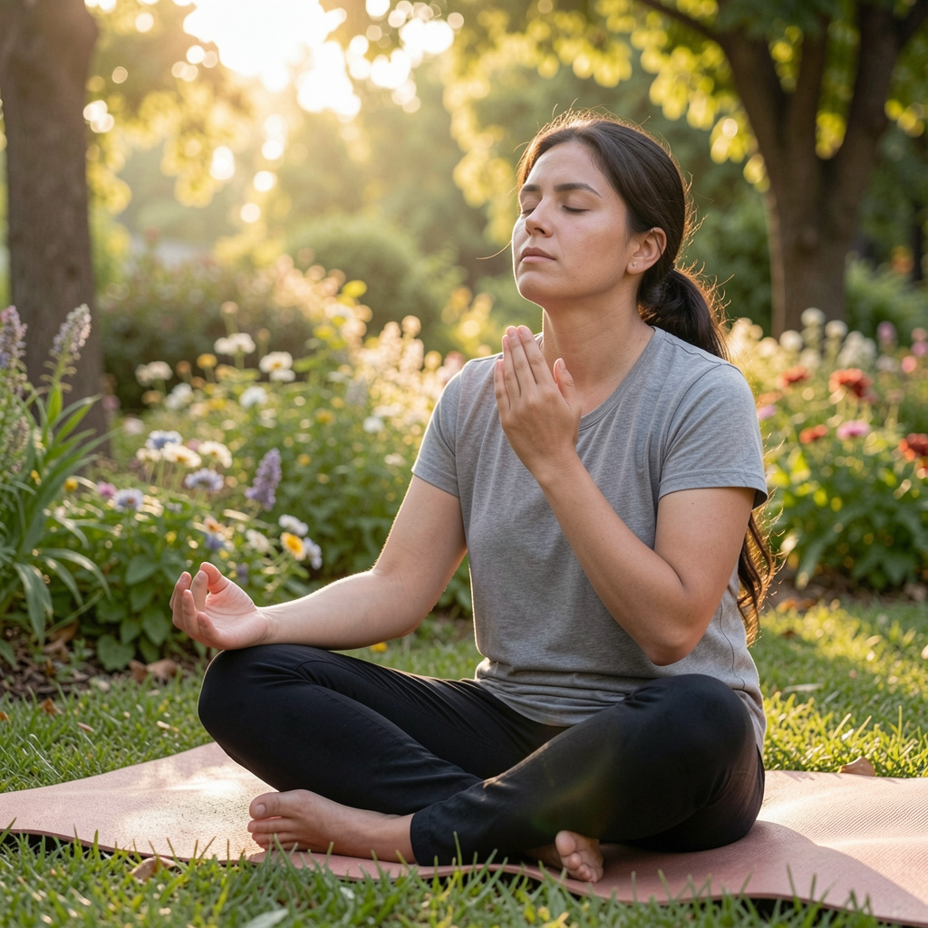 Person practicing mindful breathing outdoors
